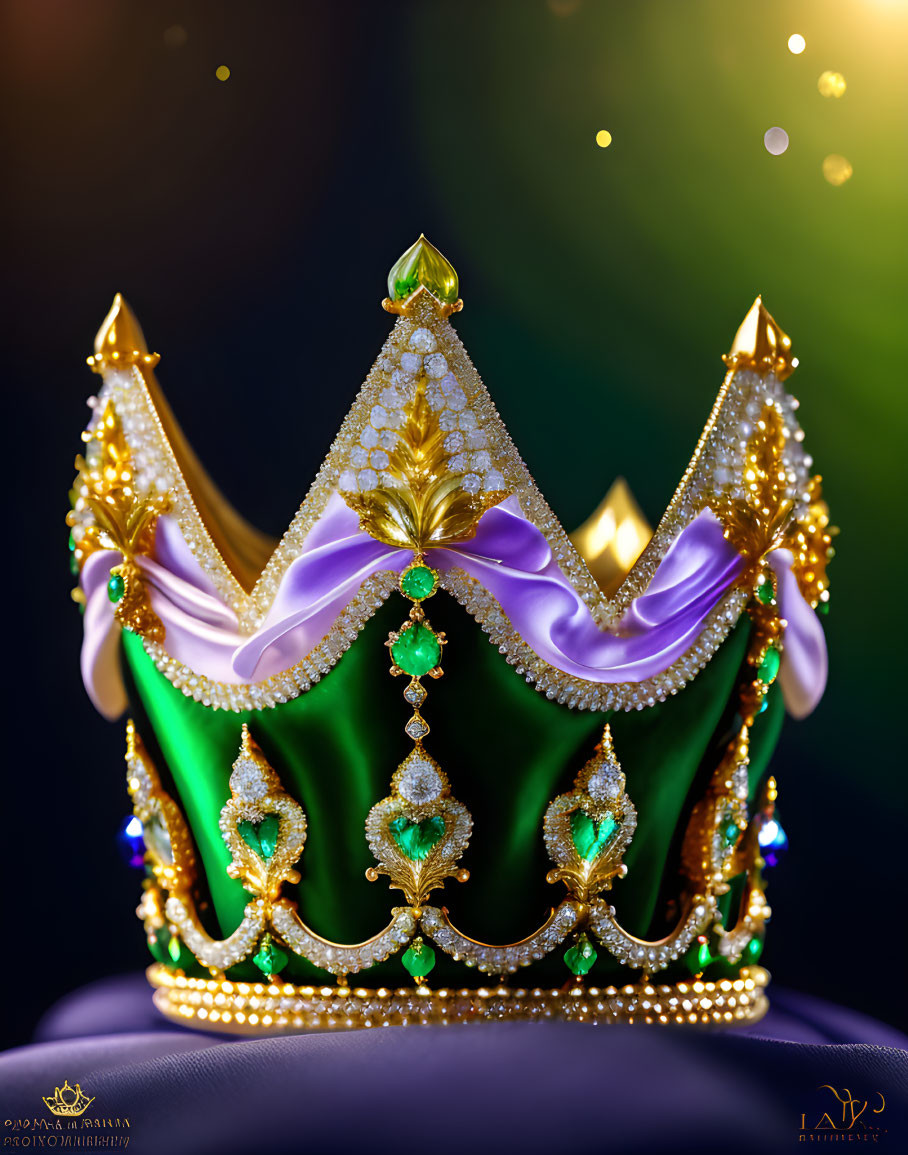 Jewel-encrusted crown with green velvet, gold accents, purple silk on dark background