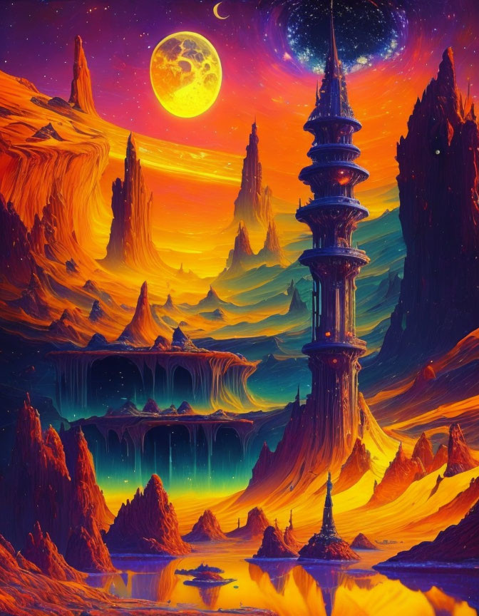 Sci-fi landscape with towering spires, moon, waterfalls, starry sky in warm colors