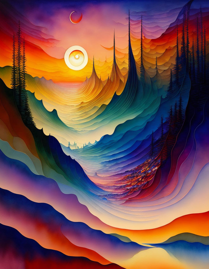 Abstract Landscape Painting with Vibrant Colors and Stylized Trees