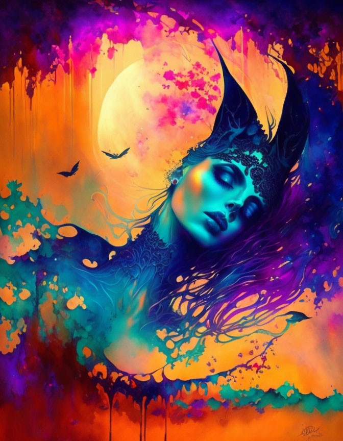 Colorful artwork: Woman's profile in horned headdress with moon backdrop