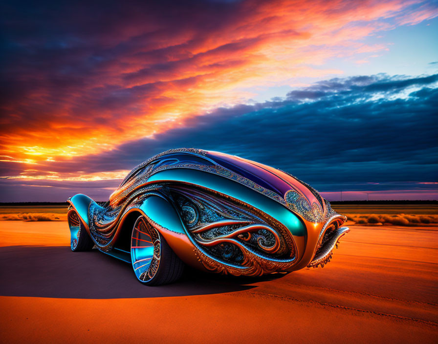 Futuristic vehicle with intricate designs at sunset