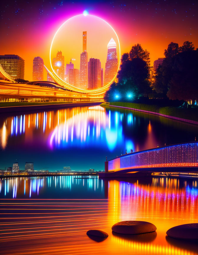 Colorful neon circle over calm river in vibrant cityscape