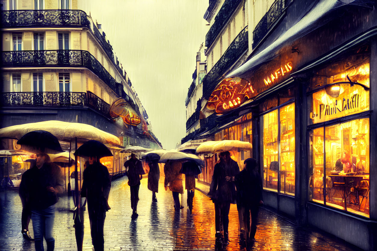 Parisian Street Scene: Rainy Day with Umbrellas, Café Glow, Wet Cobblestones