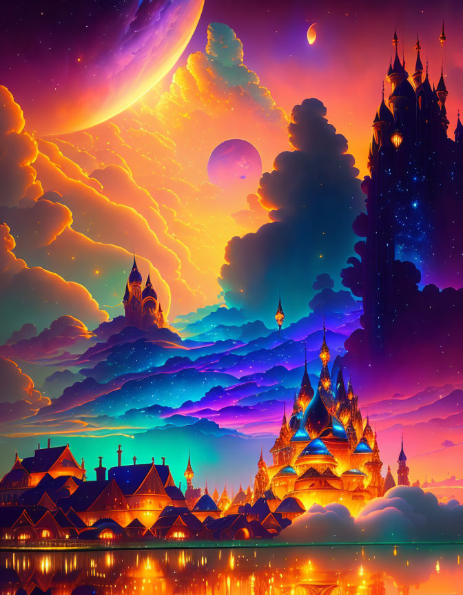 Majestic castle in vibrant fantasy landscape under starry sky