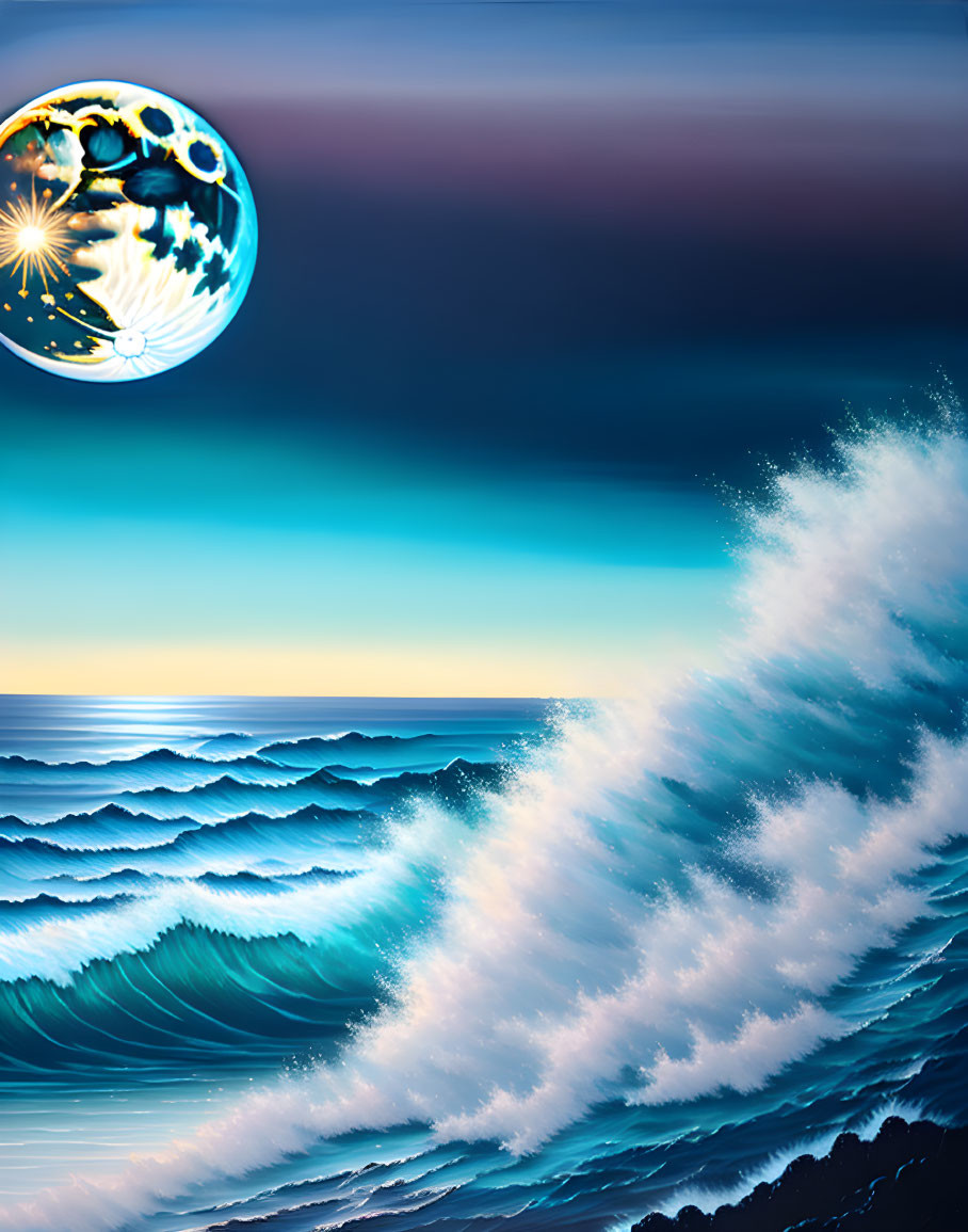 Surreal ocean scene with stylized waves and fantastical planet