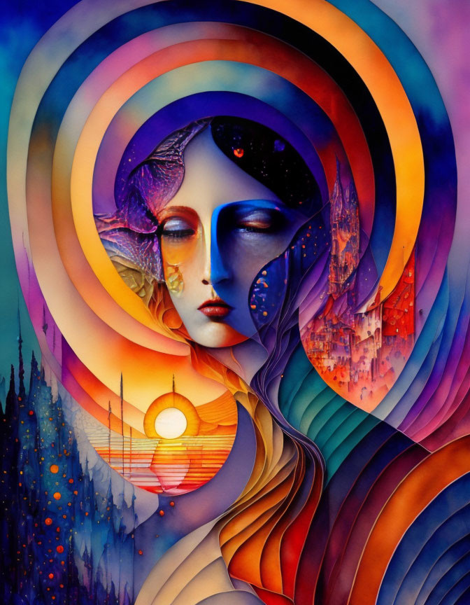 Vibrant woman's face with abstract sunset, cityscape, and nature in circles