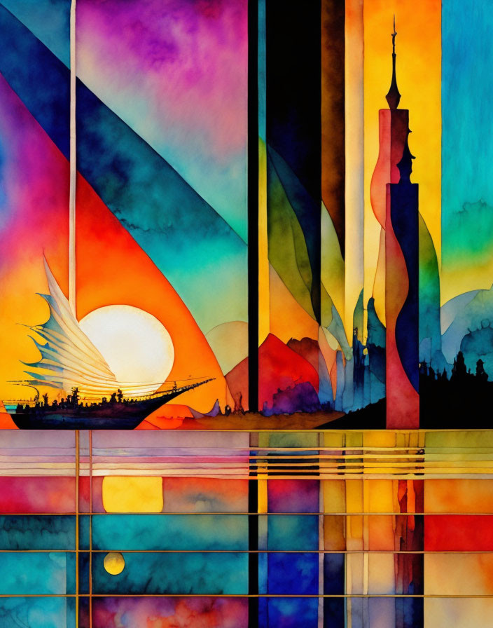 Abstract City Skyline Watercolor Painting with Sailboat at Sunset