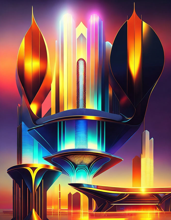 Futuristic neon cityscape with stylized skyscrapers at sunset