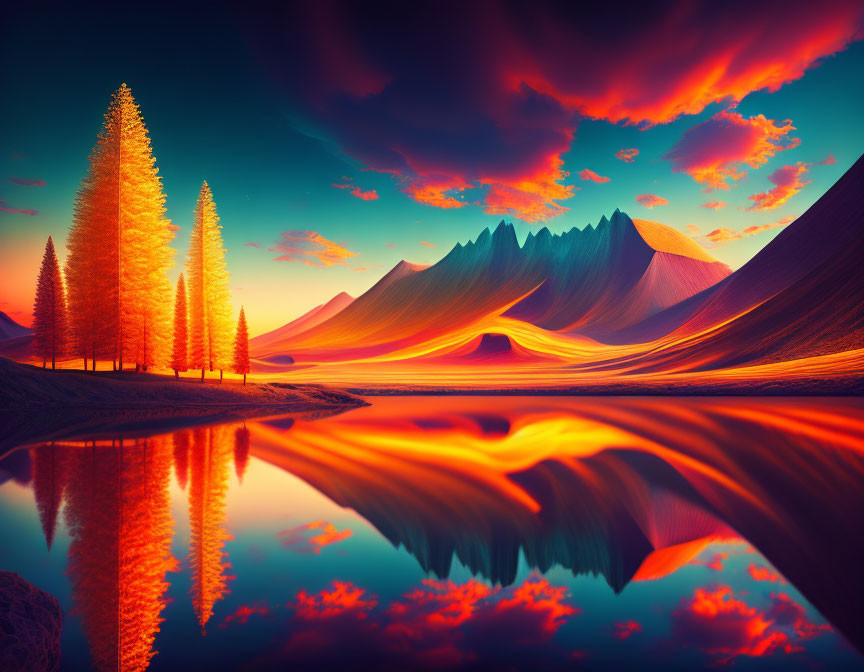 Scenic sunset over lake with mountains and illuminated pine trees