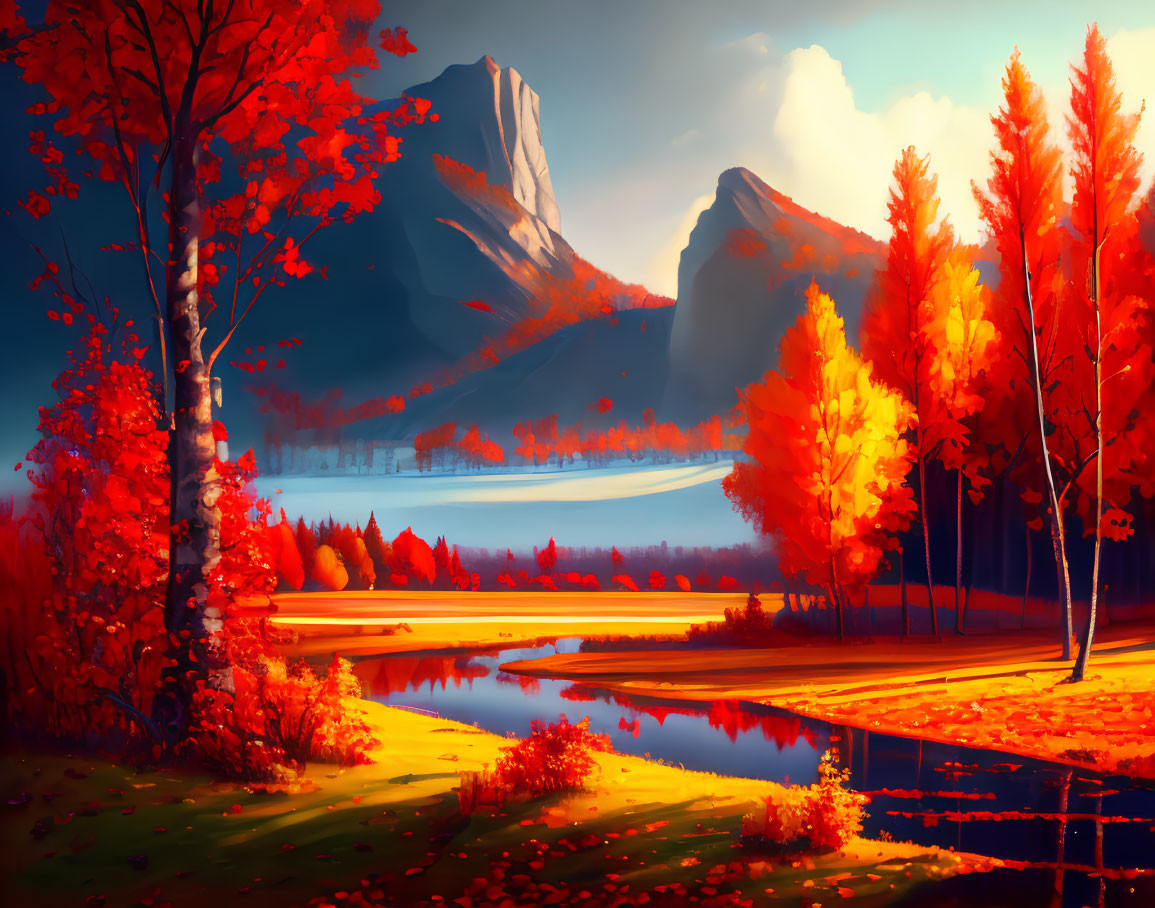 Scenic autumn landscape with red and orange trees, lake, and mountains