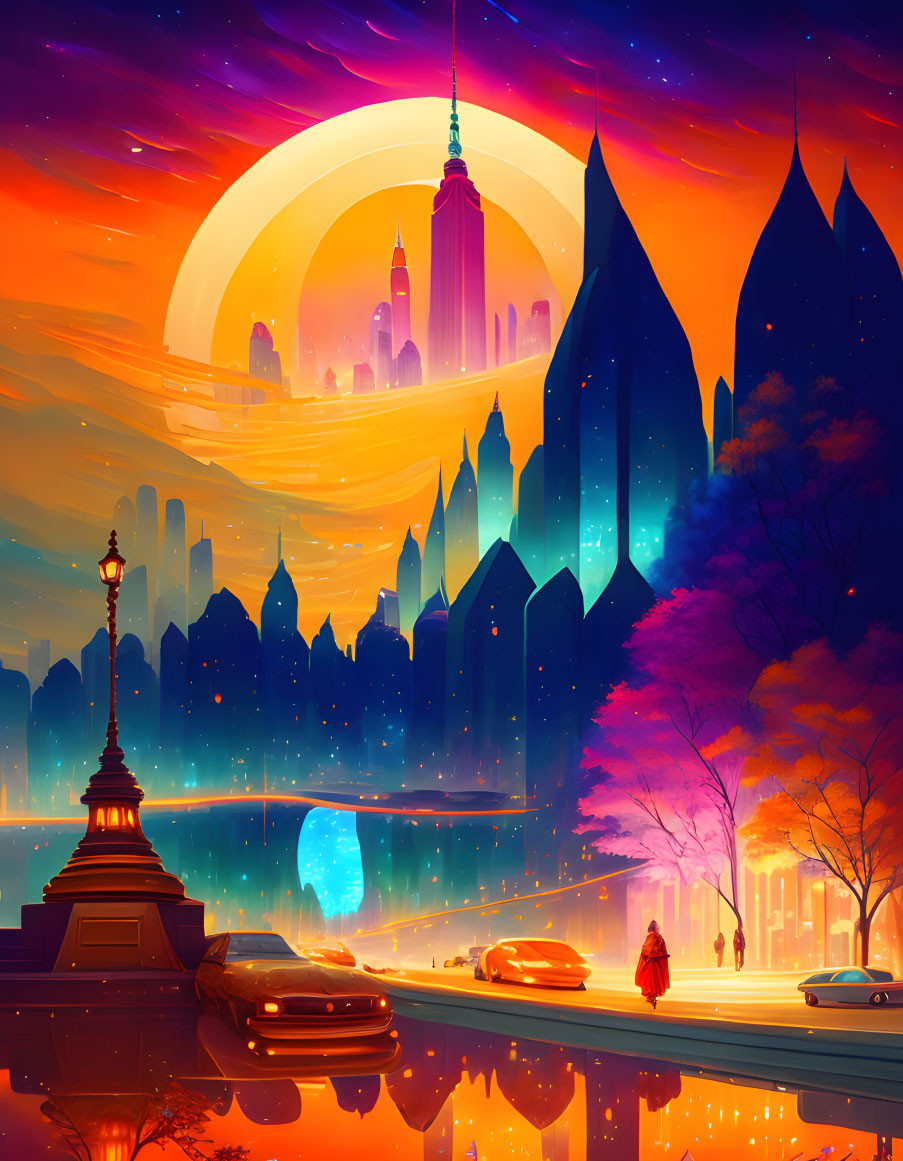 Futuristic cityscape at sunset with sun, purple and orange skies, spire-topped buildings