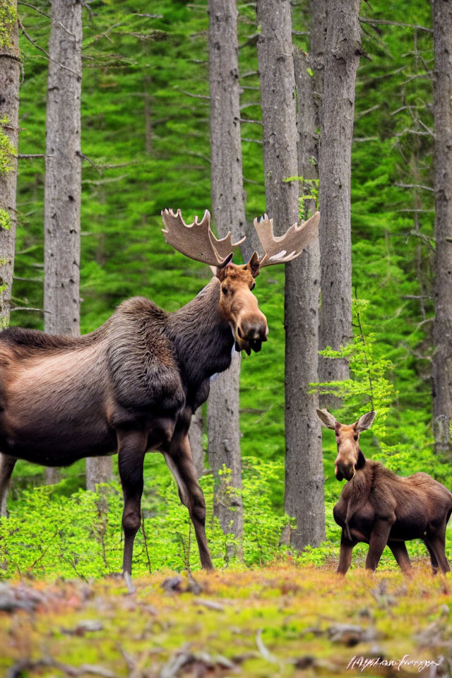 Adult and young moose with large antlers in lush green forest