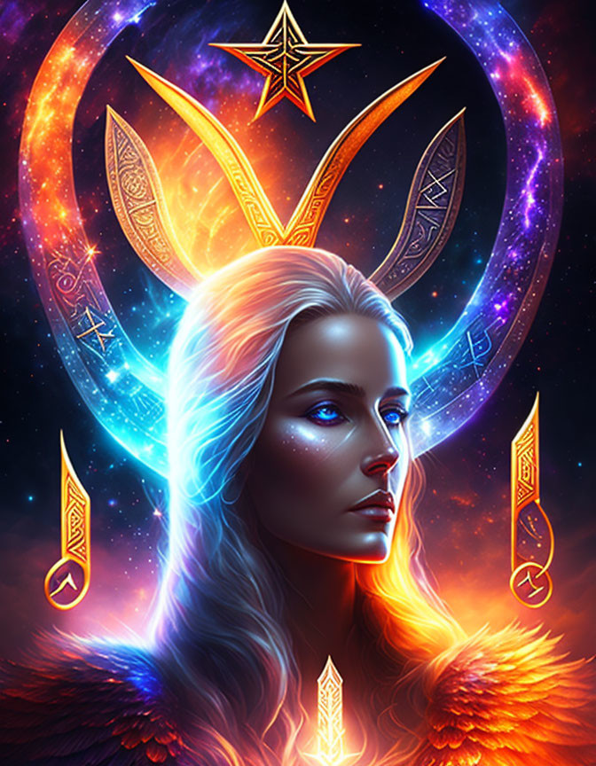 Digital artwork of mystical woman with luminescent hair and crescent moon in cosmic backdrop