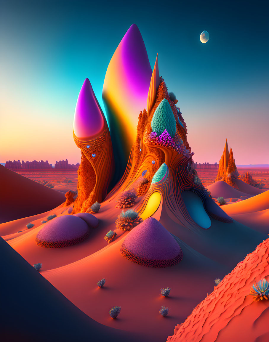 Colorful smooth formations under an orange sky with small flora and warm hues