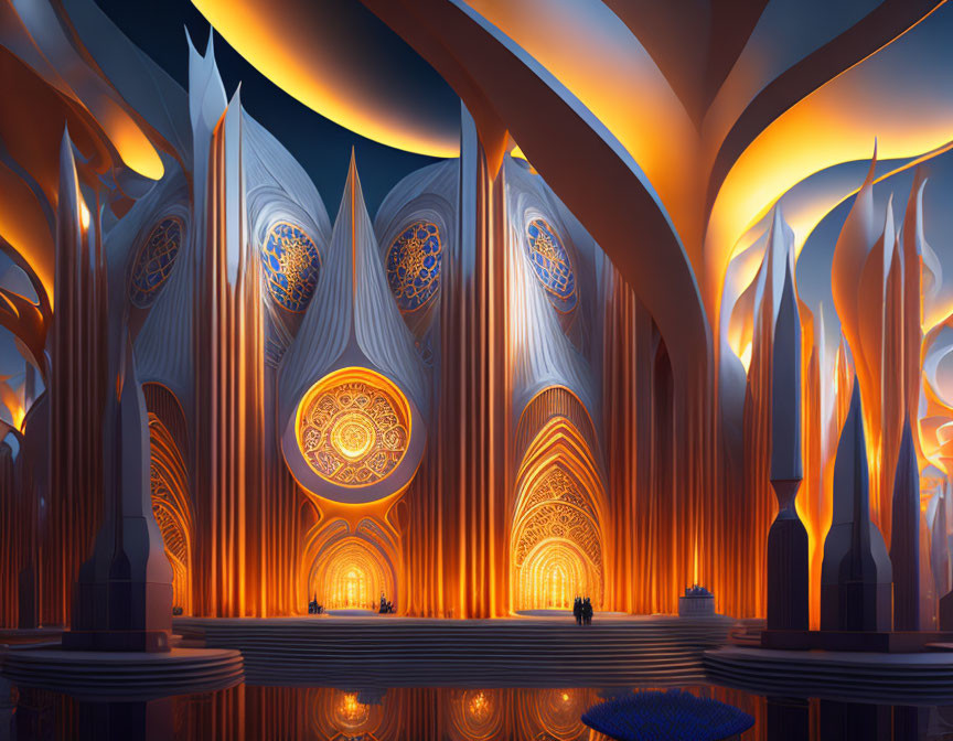 Futuristic hall with orange arches, blue designs, and luminous circle.