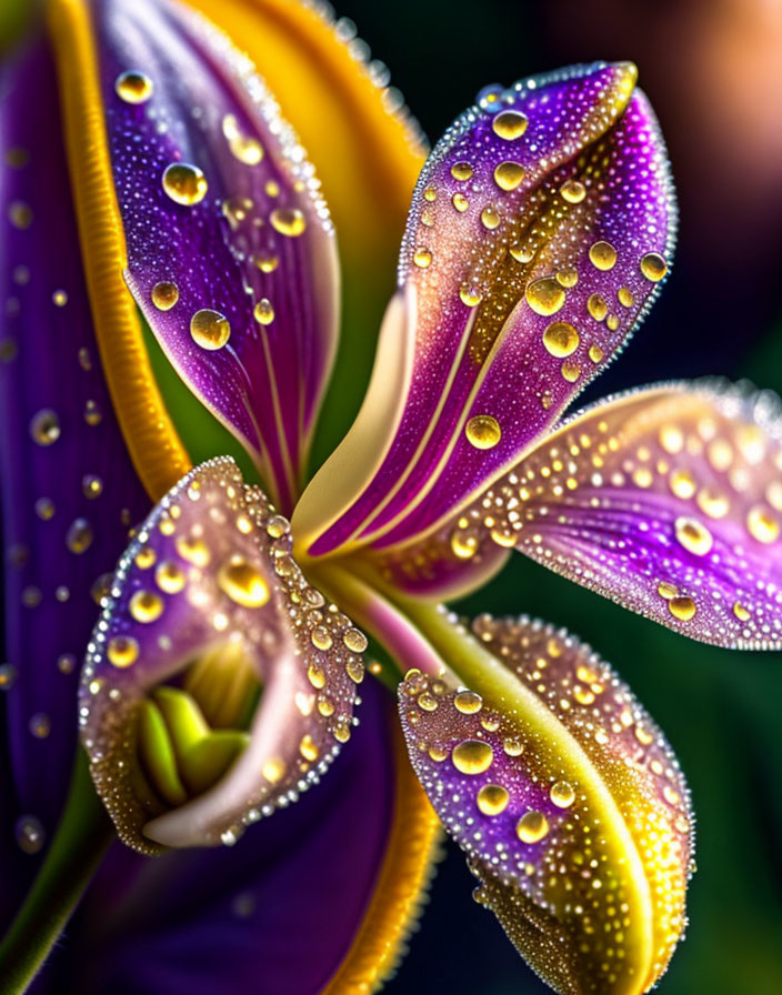 Vibrant Purple and Yellow Flower Close-Up with Dewdrops