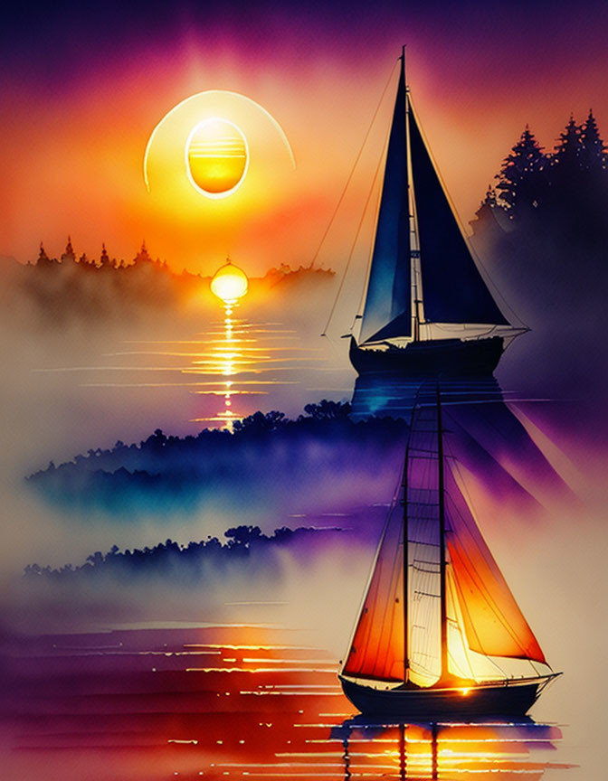 Digital artwork of sailboat on calm waters with double sun setting behind misty hills