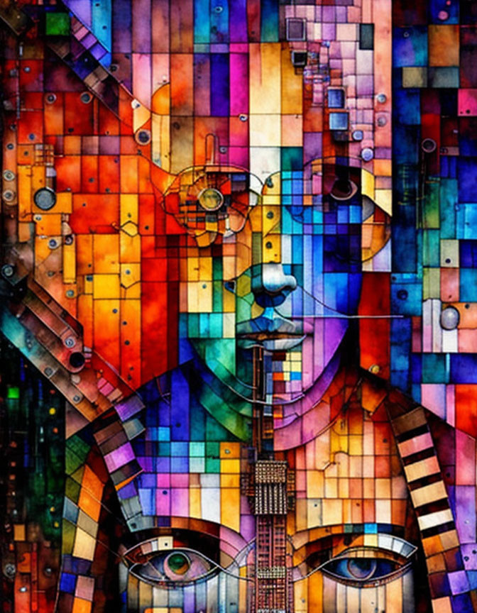 Vibrant Cubist Portrait with Abstract Geometric Shapes and Eyes