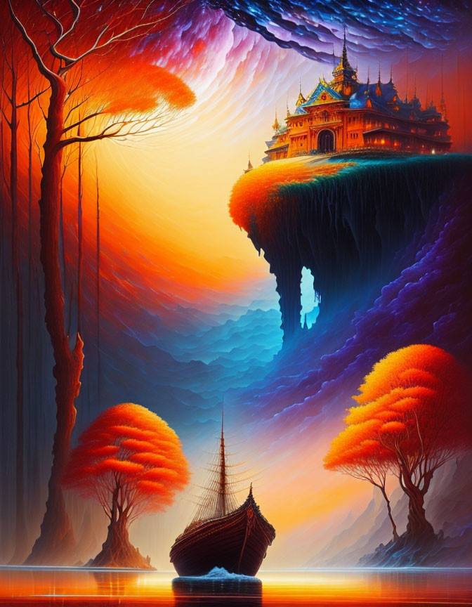 Vivid artwork of ship on orange water with fiery trees and floating island temples