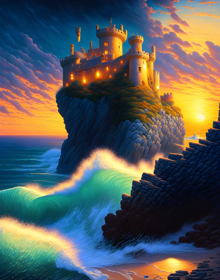 Majestic castle on cliff above stormy sea at sunset