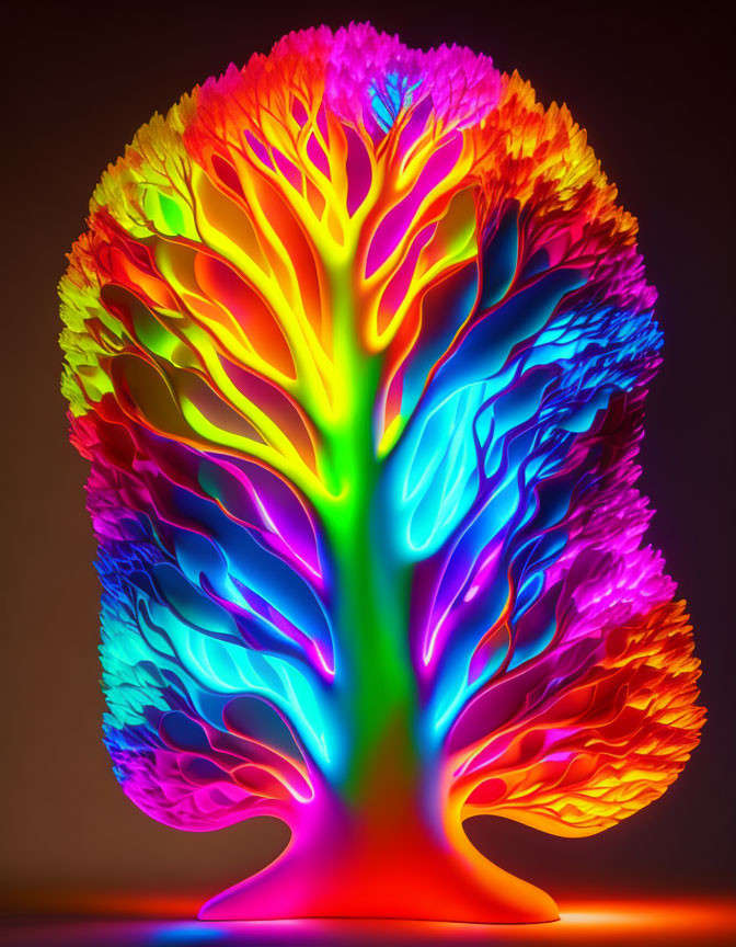 Colorful illuminated tree-like structure on dark background