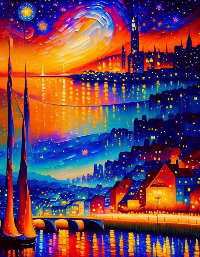 Colorful Whimsical Cityscape Painting with Swirling Skies and Illuminated Bridge