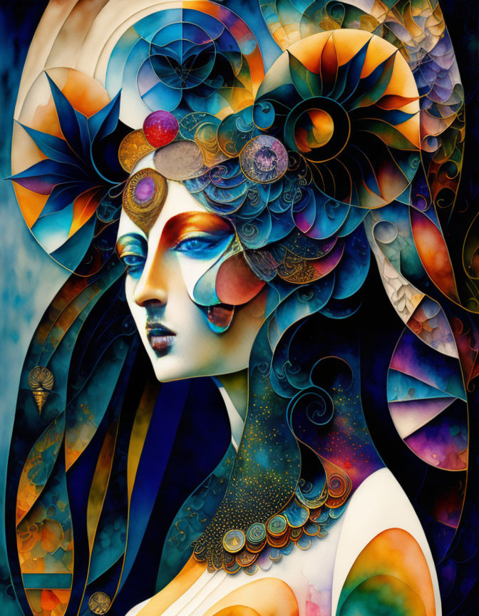 Colorful surreal portrait of stylized female figure with celestial motifs