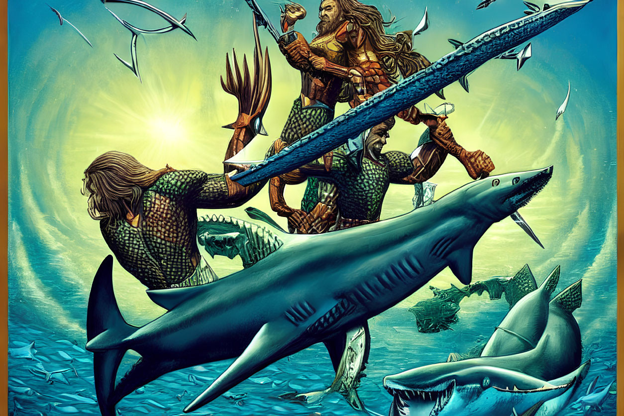 Illustrated underwater scene with warriors riding sharks amidst marine life