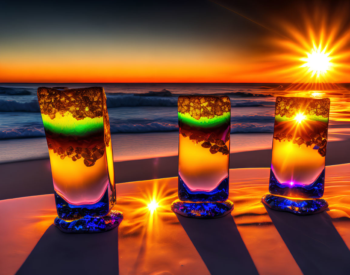 Vibrant Sunset Beach Cocktails with Colorful Reflections