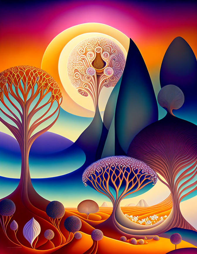 Colorful artwork of whimsical trees against warm gradients & celestial bodies