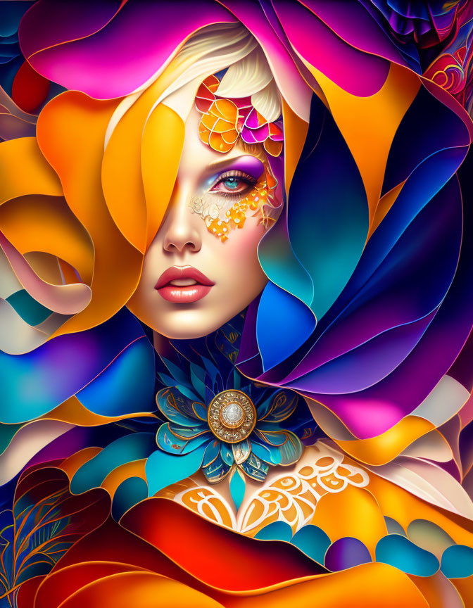 Colorful digital artwork: Woman with multicolored hair and decorative makeup