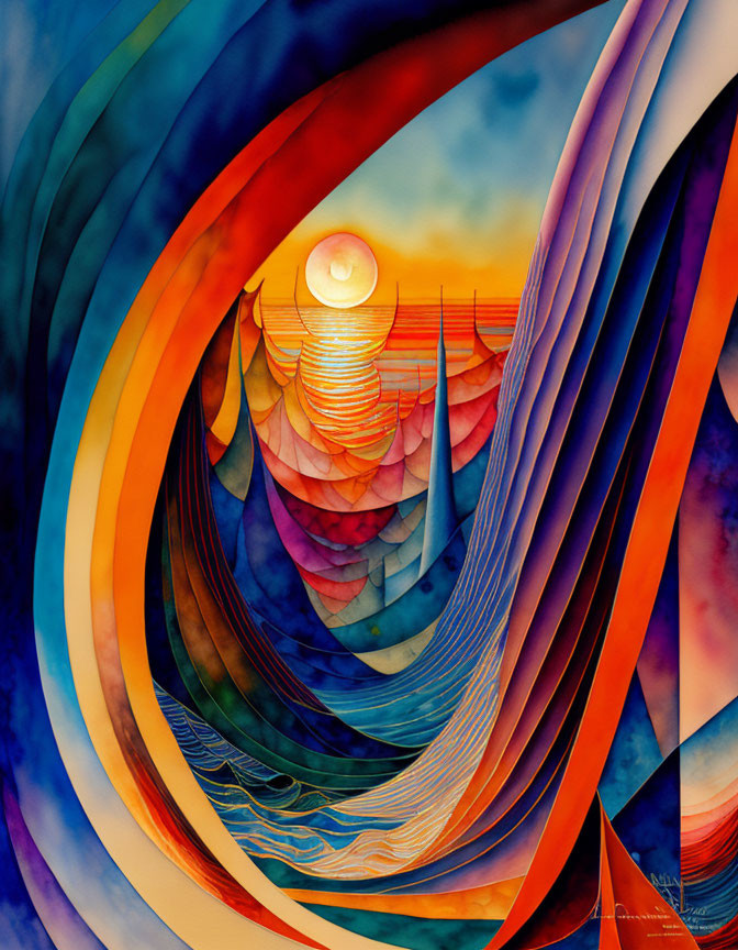 Vibrant abstract art with flowing lines in blue, red, and yellow