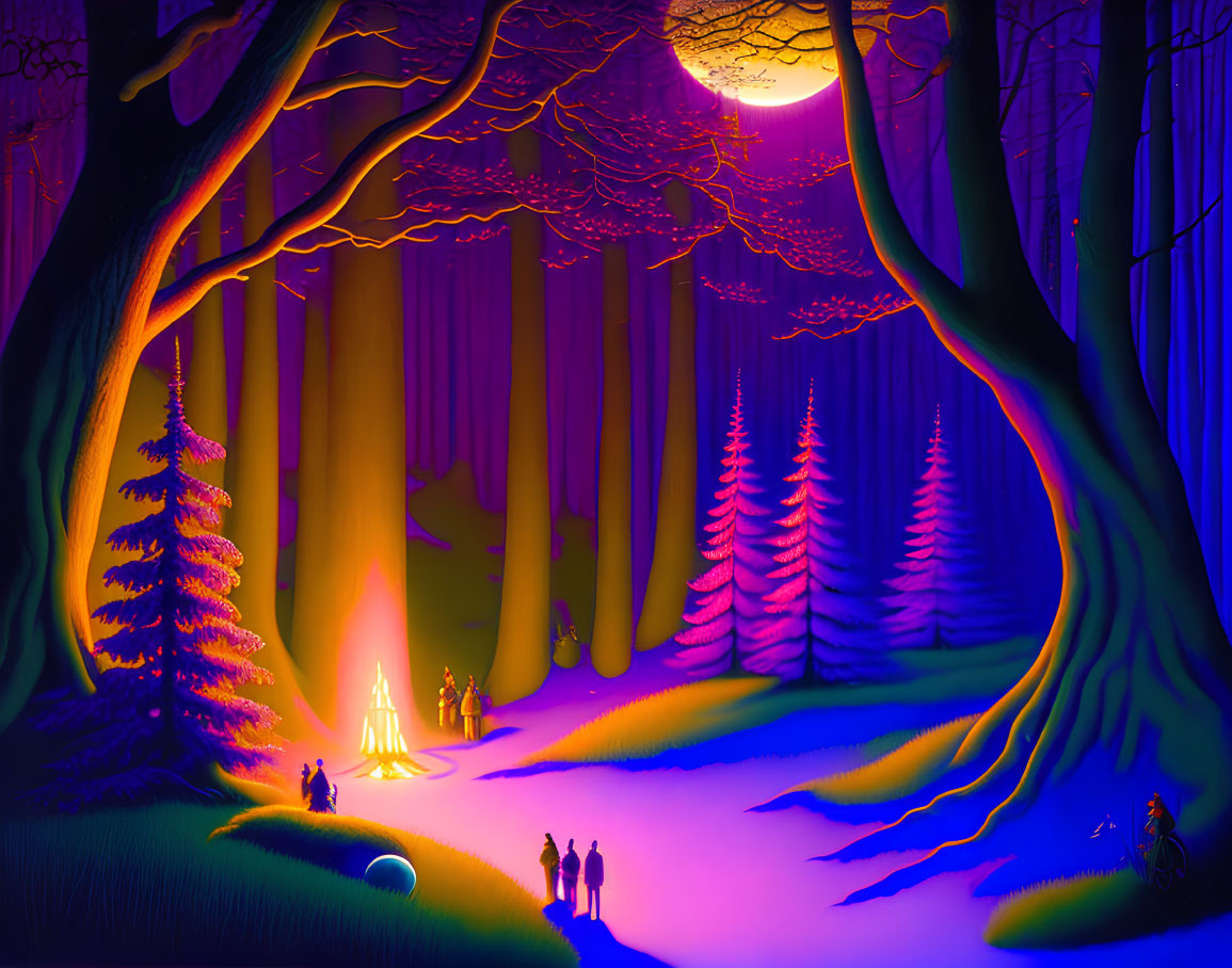 Illustration of magical forest night scene with campfire, glowing trees, moon, and cyclist