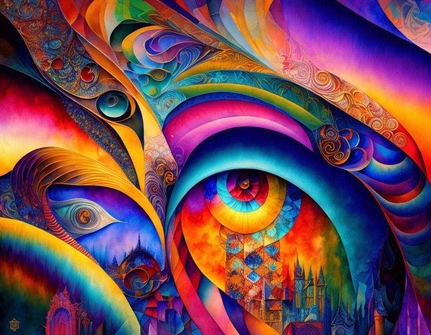 Colorful Abstract Artwork: Eye as Central Element with Swirling Patterns