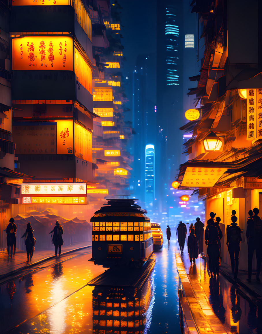 Futuristic urban night scene with neon signs, tram, pedestrians, and towering buildings