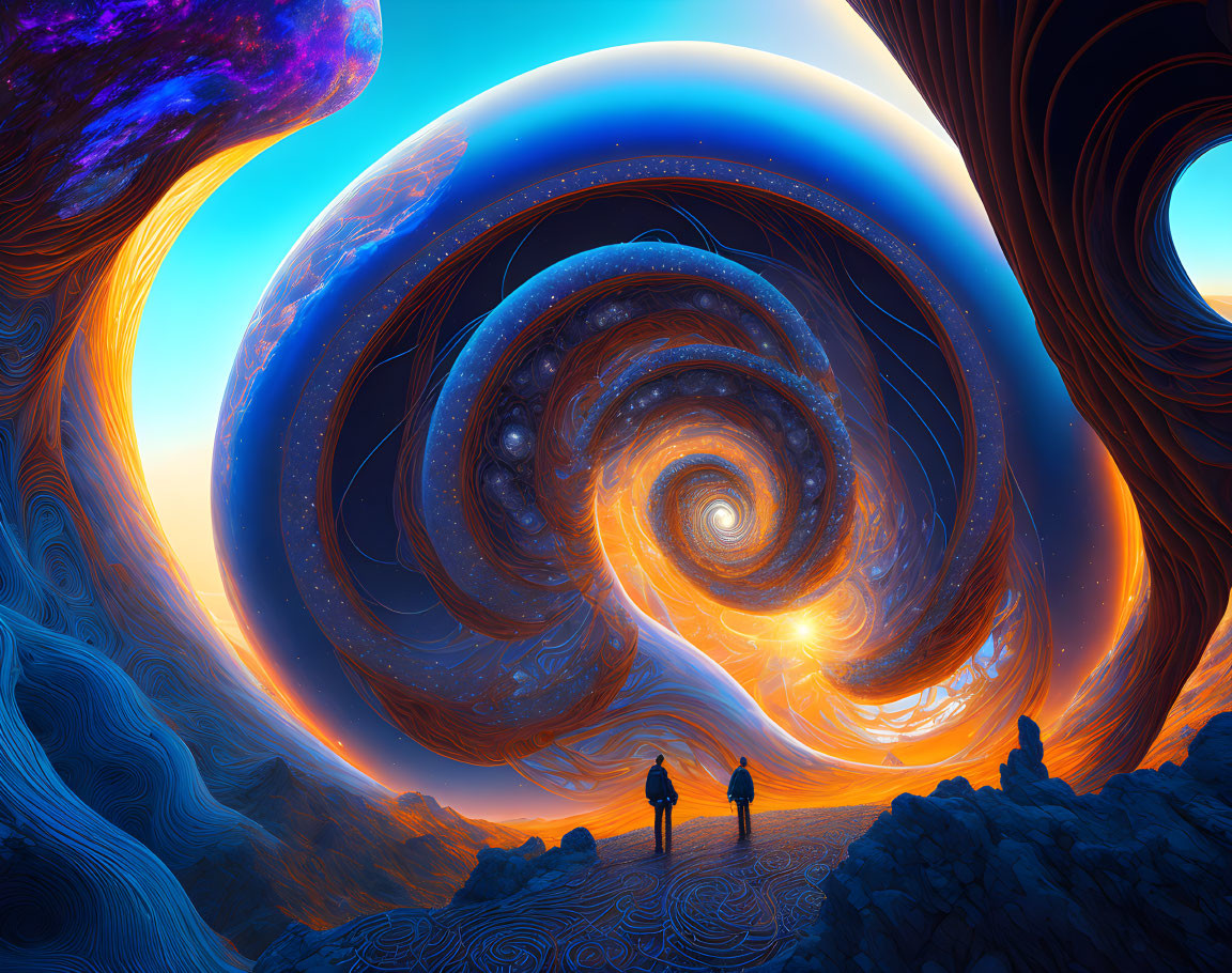 Silhouetted figures in cosmic vortex with celestial bodies and colorful sky