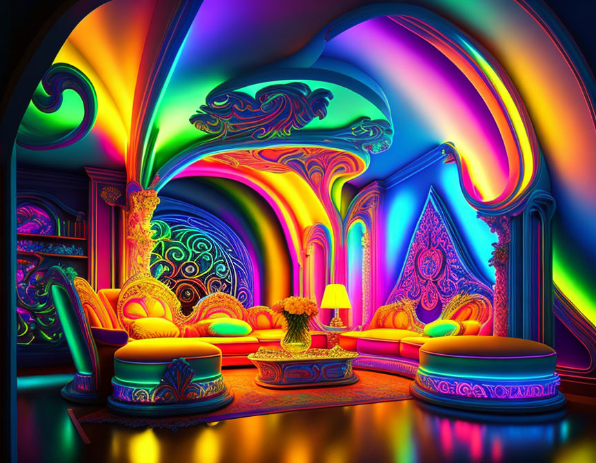 Colorful psychedelic room with neon colors and whimsical furniture