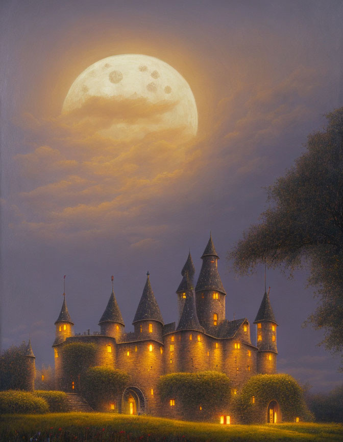 Castle illuminated by full moon in twilight with warm glowing windows