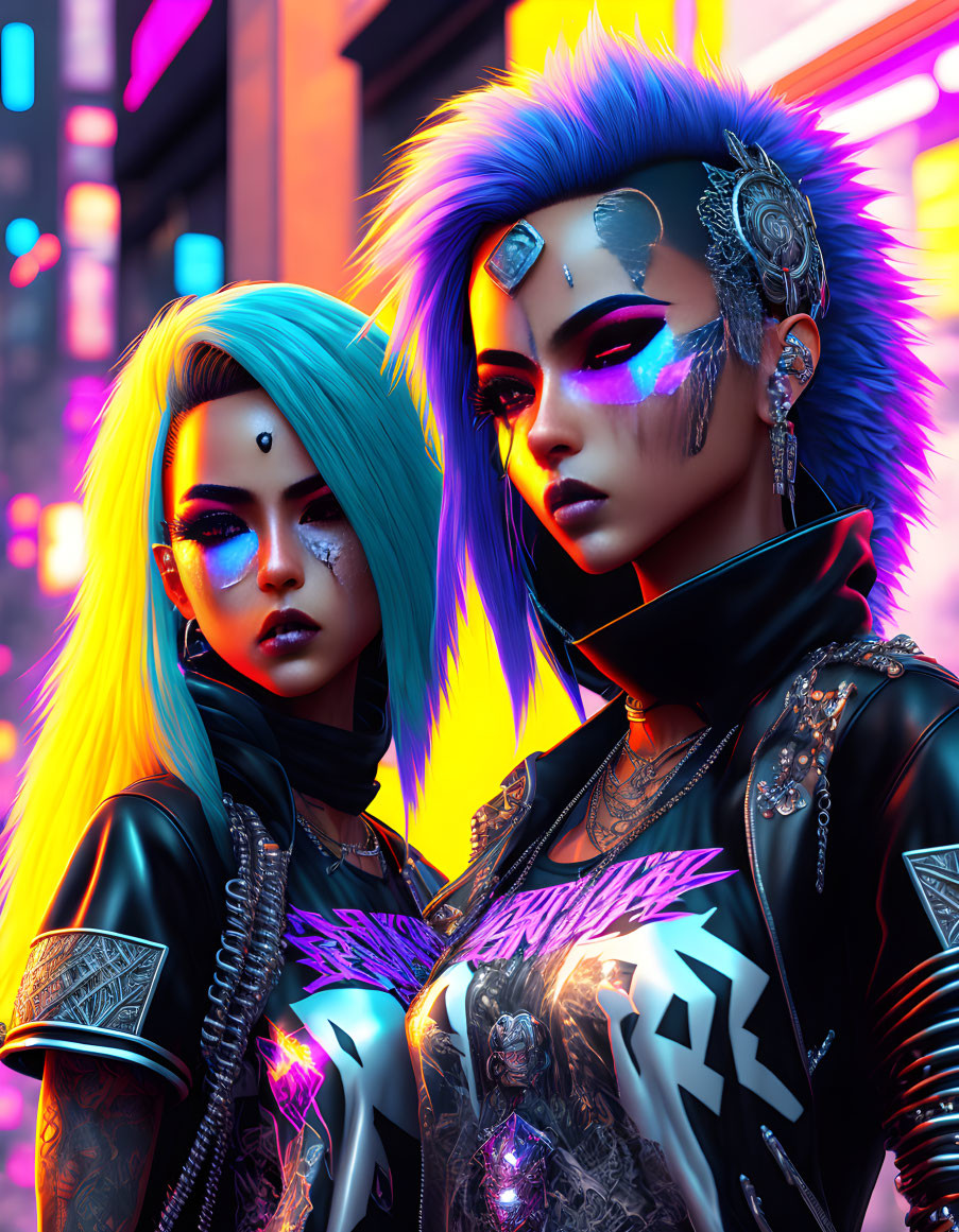 Futuristic women with blue and purple hairstyles and cybernetic enhancements in neon-lit city