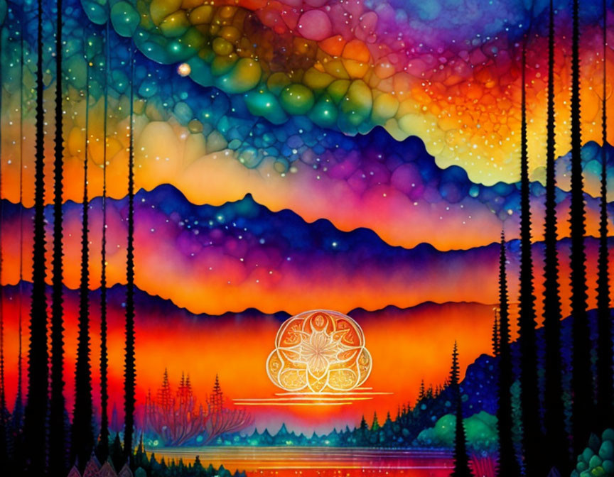 Colorful Sunset Painting with Patterned Sun and Silhouetted Forest