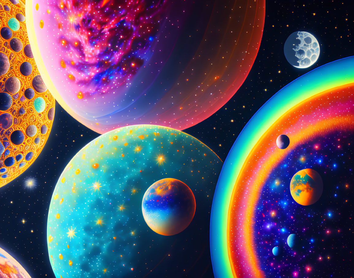 Colorful Textured Planets in Vibrant Cosmic Scene