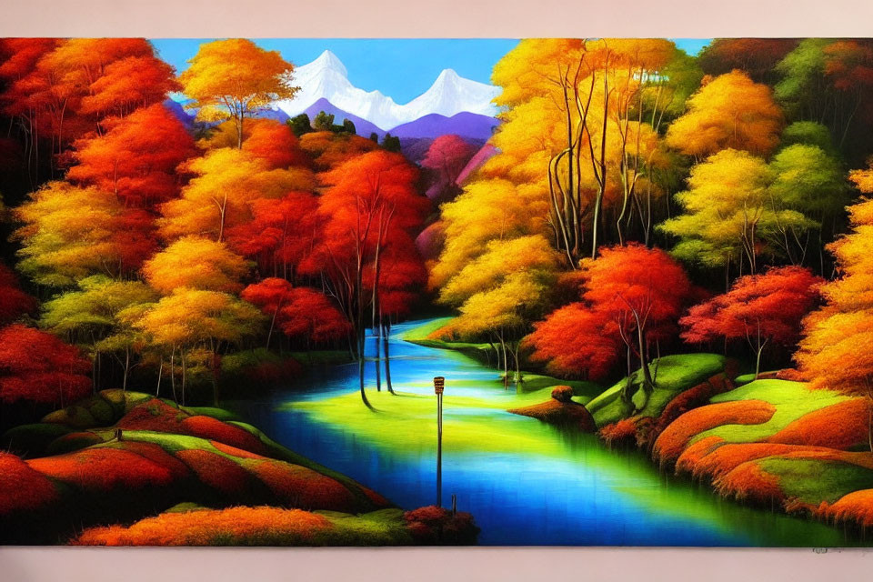 Scenic autumn forest painting with river and mountains