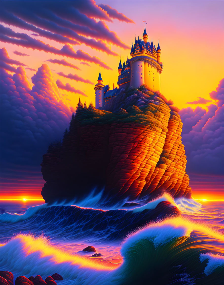 Majestic castle on cliff at sunset with vibrant skies and crashing waves