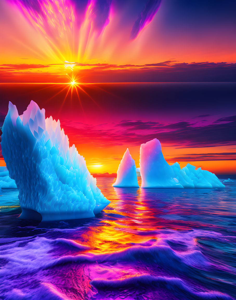 Colorful Sunset Over Ocean with Icebergs in Purple, Blue, and Orange Hues