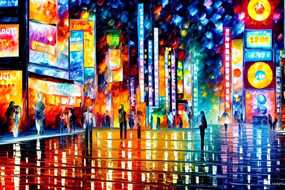 Colorful digital painting of bustling night street with neon signs & silhouettes