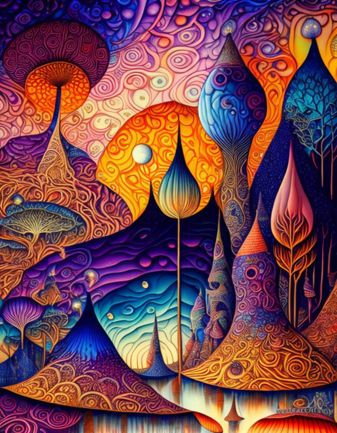 Colorful Psychedelic Mushroom and Tree Illustration with Swirling Patterns