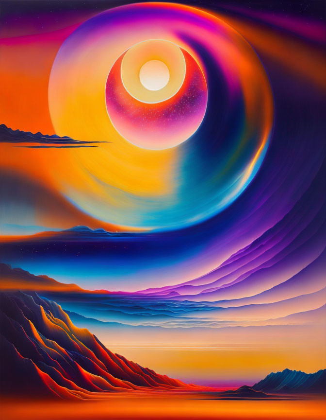 Surreal landscape with flowing mountains under colorful sky