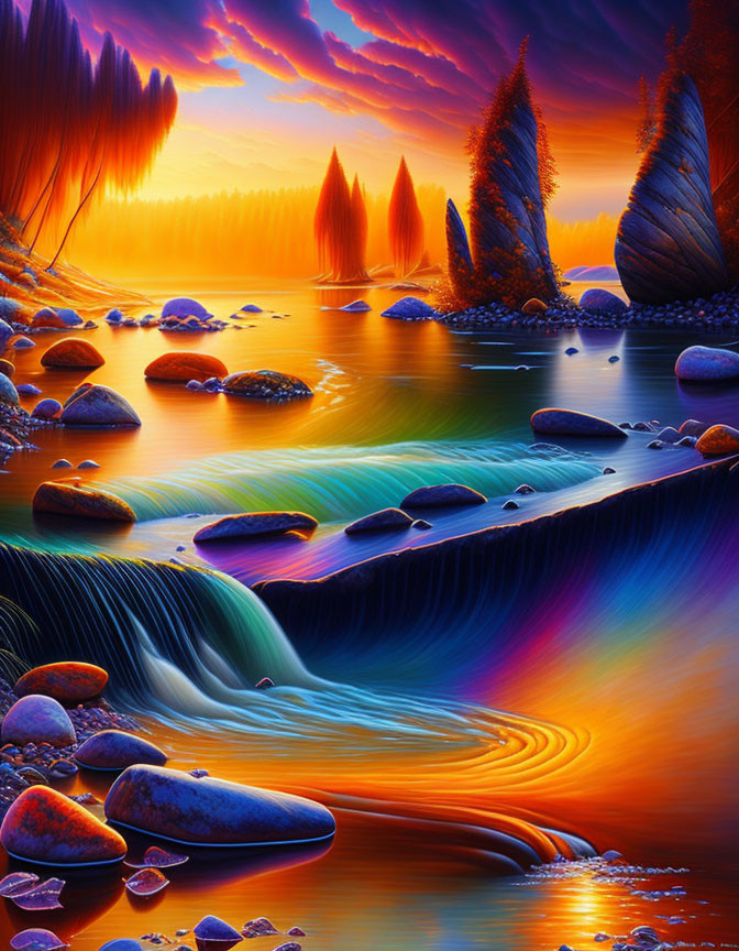 Surreal digital artwork: river, waterfall, colorful stones, stylized trees, orange-blue sky