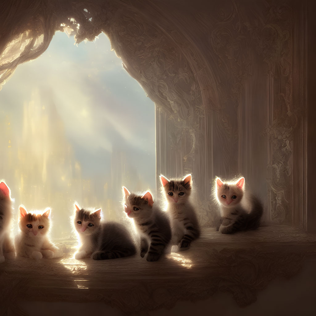 Five kittens basking in sunlight by ornate window designs