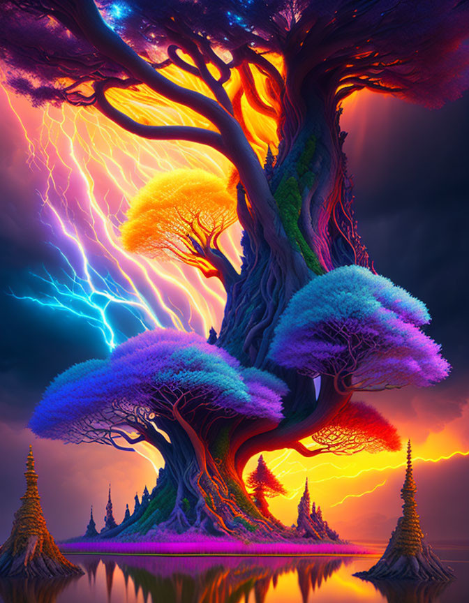 Colossal glowing tree in digital artwork with lightning and smaller trees